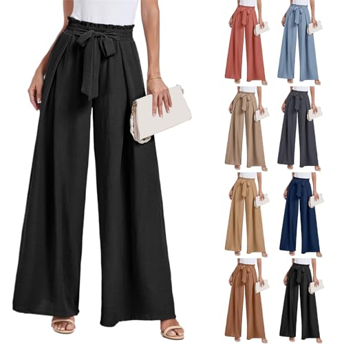 Women's Wide Leg Lounge Pants High Waisted Palazzo Pants Flowy Tie Knot Trousers for Women Casual Loose Pant Pockets4