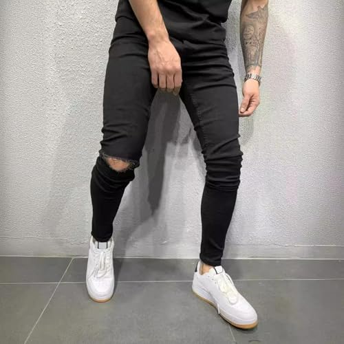 Jeans Pants Trousers Denim Stretch Tight Street Trendy Black Classic Wear and Tear Hole Small Leg for Men3