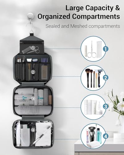 Image of Maliton Toiletry Bag for Men & Women Travel Toiletry Bag Hanging Toiletry Bag Hygiene Organizer with 4 Compartments Waterproof Bathroom Shower Bag Large Toiletries Travel Bag (Gray)
