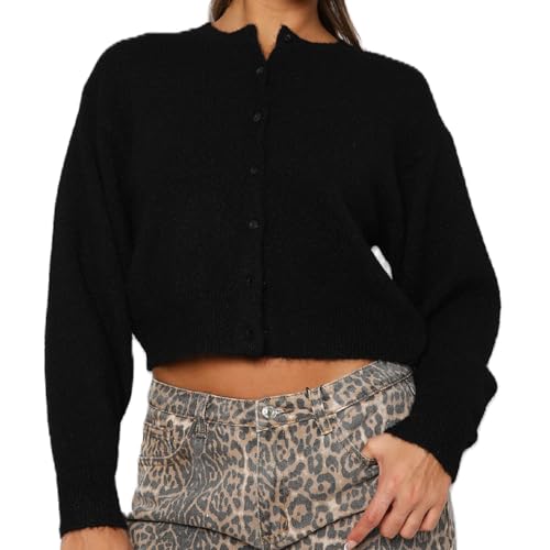 Image of Women Knit Cropped Cardigan Tops Long Sleeve Button Down Lightweight Bolero Sweater Tops
