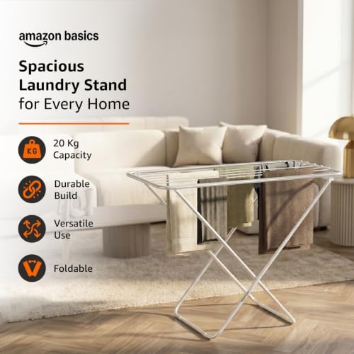 Image of amazon basics Mild Steel Cloth Drying Stand - Folding, 30 Feet Drying Length, 8 Drying Rails, Lightweight (Silver)