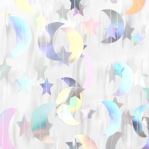 Image of Iridescent Disco-Holographic Party-Decorations Moon-Star Garland - 62Ft Twinkle Little Star Hanging Neon Streamers Banner,Eid Ramadan Mubarak Decoration Birthday Wedding Baby Shower Decor Panduola