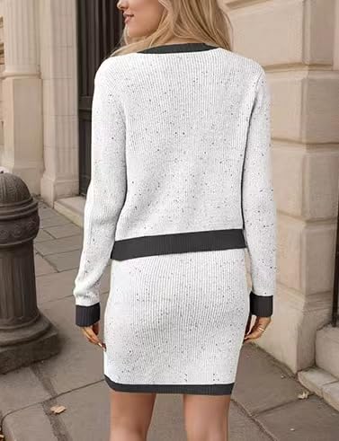 Image of Sumleno Womens 2 Piece Preppy Sweater Cardigan Skirt Outfits Casual Long Sleeve Button Down Knit Top Bodycon Mini Skirt Set