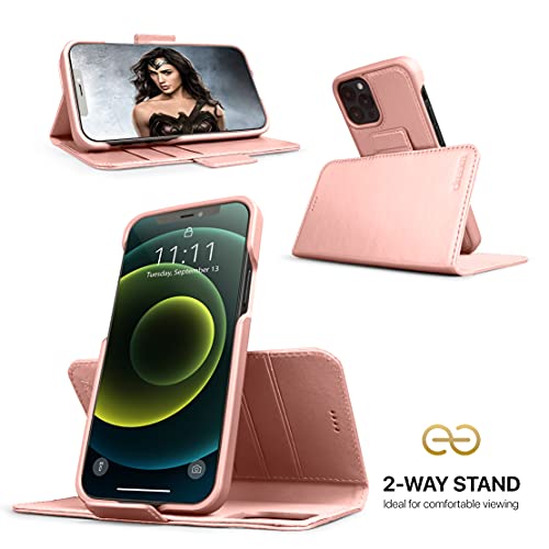Image of dreem Fibonacci 2-in-1 Wallet Case for Apple iPhone 12 Mini - Luxury Vegan Leather, Magnetic Detachable Shockproof Phone Case, RFID Card Protection, 2-Way Flip Stand - Rose