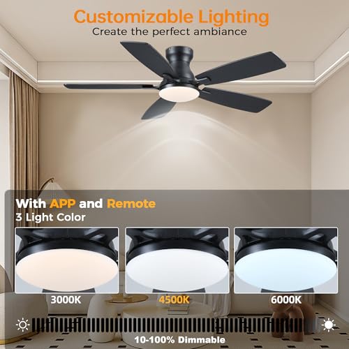 Image of JSAITEE Ceiling Fans with Lights Flush Mount - 46 inch Low Profile Ceiling Fan with 5 Dual-Sided Blades and 6 Speeds 3CCT Dimmable, Modern Indoor Fan Light Fixtures for Bedroom, Kitchen, Black