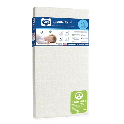 Image of Sealy Baby Butterfly Posture Support Waterproof Crib Mattress Plus Toddler Bed Fit, Premium American Foam, Non Toxic, GREENGUARD Gold Certified, Safety & Quality Tested, Made in USA, 52 inchX28 inch