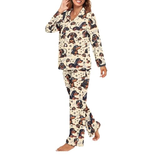 XXQGOMG 2-teiliges Pyjama-Set mit Knopfleiste für Damen, langärmelig, Bluse und Hose, Nachtwäsche, Brauner Dackel-Druck, XL