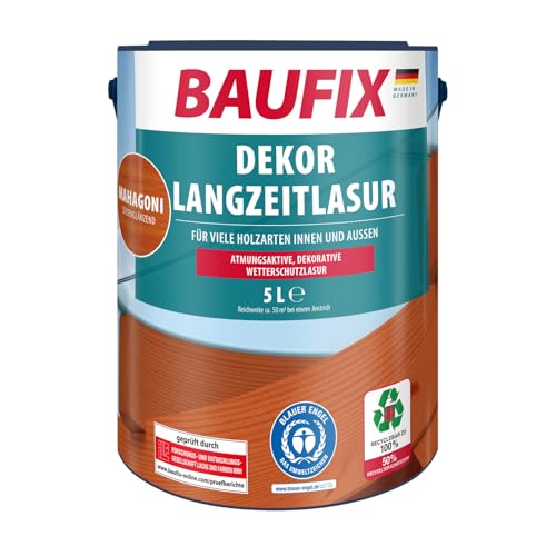 BAUFIX Dekor Langzeitlasur mahagoni, seidenglänzend, 5 Liter, Holzlasur, Holzschutzlasur für außen und innen, für viele Nadel-/Harthölzer