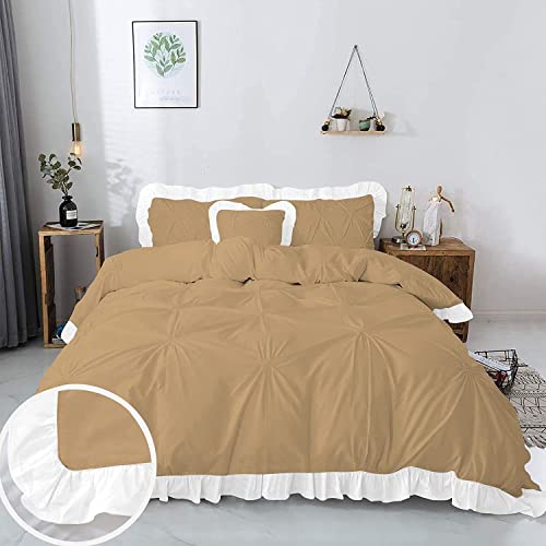 Image of 300 TC Pinch Ruffle 2 Tone Duvet /Razai /Blanket Cover with 2 Pillow Cover- 100% Cotton (Zipper Closure) Razai Cover 3 PC Set, Soft & Lightweight-Queen Size White /Taupe