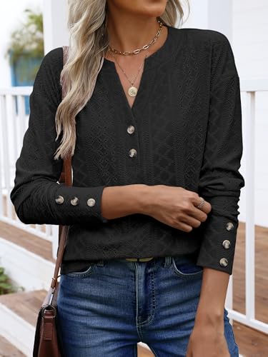 ANRABESS Womens Eyelet Tops Long Sleeve Henley Shirts Business Dressy Casual Blouse Vacation T-Shirt 2025 Fall Outfits