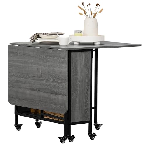 HOMCOM Klappbarer Esstisch, Klapptisch Küche rechteckig, Ausziehbarer Tisch auf Rollen für bis zu 6 Personen, 6 Rollen und integriertes Regal, für kleine Räume, Esszimmer, grau