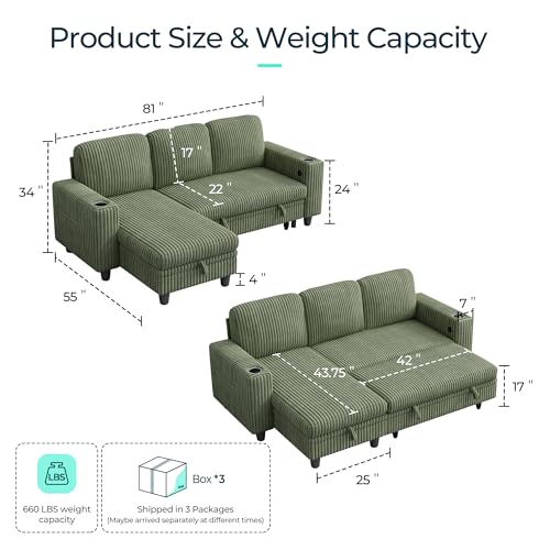 Image of LINSY HOME Sectional Sleeper Sofa Pull Out Couches for Living Room (Green, Sleeper Sofa 1) | Pull Out Sofa Bed, Storage, USB Charging, Cup Holders, Plush Corduroy