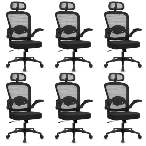 Image of KLASIKA Desk Chairs with Wheels, Ergonomic Mesh Back Home Office Chair with Headrest, Adjustable Lumbar Support Swivel Rolling Computer Chairs with Flip Up Arms for Conference Meeting Room, Black, 6PK