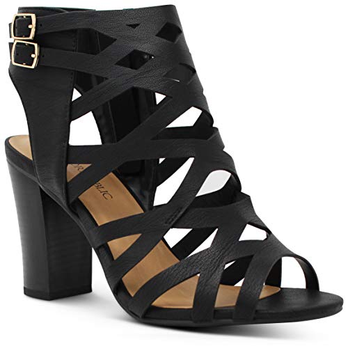 MARCOREPUBLIC Casablanca Women's Open Toe Strappy Laser Cutout Caged Chunky High Heels Dress Sandals - (Black NB) - 7