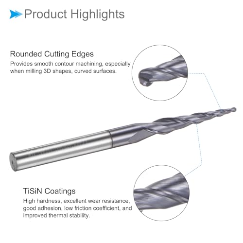 Image of Tapered Ball Nose End Mill, 0.5mm Radius 4mm Shank 8.36 Degree Angle, TiSiN Coated Micro-Grain Carbide 2 Flutes Milling Cutter - (Applications: for Stainless Steel Hardened Steel)