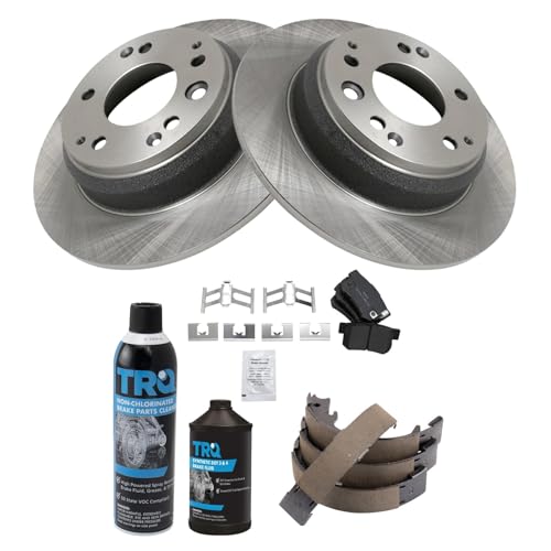 Image of TRQ Rear Brake Pad & Rotor Kit, with Chemical Kit Parking Brake Shoe Set Semi-Metallic Compatible with 1996-1998 Acura RL