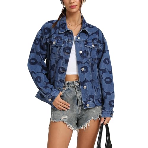 Women's Jean Jacket Denim Long Sleeve Oversized Button Down Flower Printed Jacket Coat