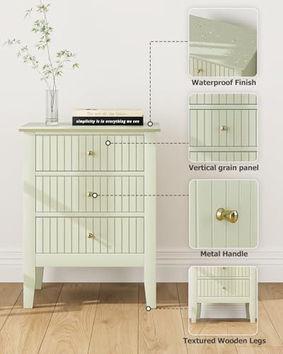 Image of Fluted Nightstand, Farmhouse Night Stand with 3 Drawers, Mid Century Modern Side Accent Table,Bedside End Table for Bedroom, Living Room, Pale Green