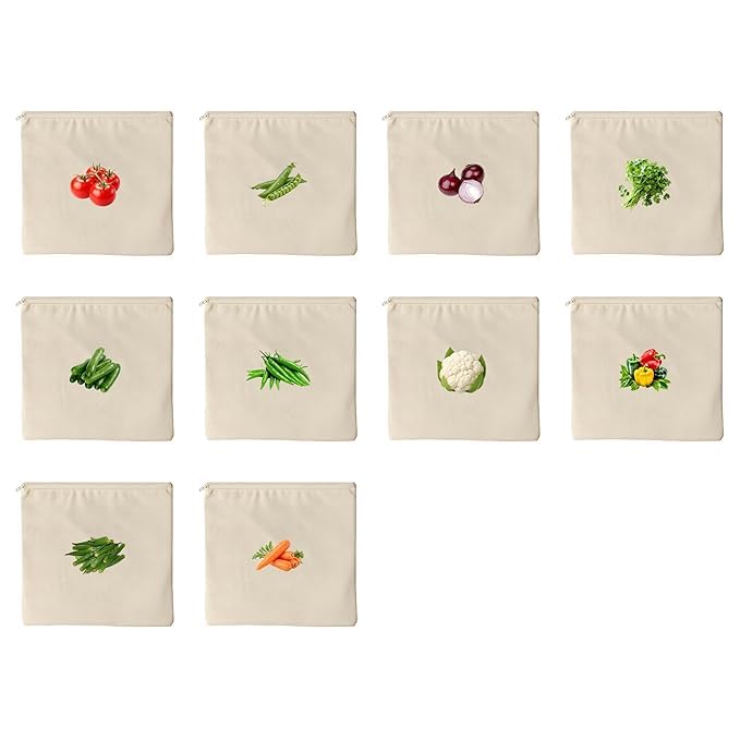Image of KAKUSHIN Cotton Reusable Vegetable Bags for Fridge, Washable Breathable Zipper Cloth Bags, Kitchen Organiser, Pack of 10