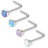 Ruifan 4PCS 18G 316L Surgical Steel 3mm Jeweled Mix Color Opal Nose L Shaped Studs Rings Pin Piercing Jewelry