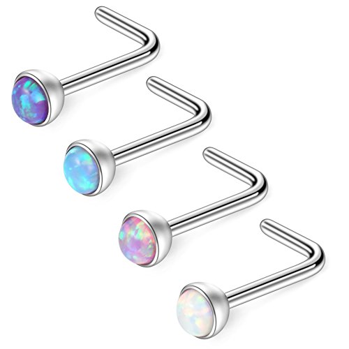 Ruifan 4PCS 18G 316L Surgical Steel 3mm Jeweled Mix Color Opal Nose L Shaped Studs Rings Pin Piercing Jewelry