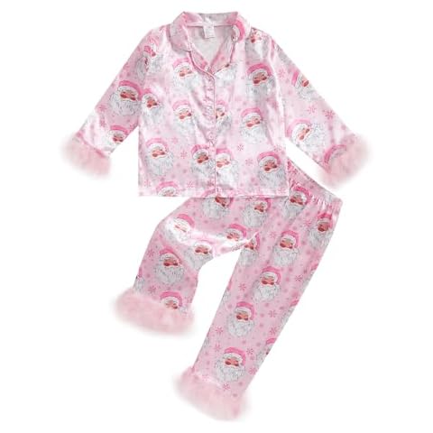 Twopumpkin Toddler Girl Christmas Satin Silk Pajamas Button Down 2 Piece Pajama Set Little Kids Girls Pjs Nightgown Outfit (Christmas Feather Trim Santa Pink, 2-3 Years) Cover