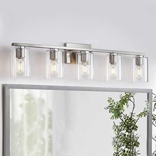 DRNANLIT Modern Bathroom Light Fixtures, 5-Light Vanity Lights with Clear Glass Shade for Hallway Kitchen Bedroom Living Room (Brushed Nickel, 5-Light) DRNANLIT Modern Bathroom Light Fixtures, 5-Light Vanity Lights with Clear Glass Shade for Hallway Kitchen Bedroom Living Room (Brushed Nickel, 5-Light)