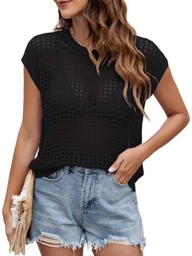 Image of Womens Summer Crochet Tops Hollow Out Cap Sleeve Cover Up Tank Top Pullover Sweater Vest Beach Vacation Clothes