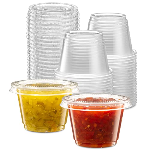 Image of {2.5 oz - 100 Sets} Clear Diposable Plastic Portion Cups With Lids, Small Mini Containers For Portion Controll, Jello Shots, Meal Prep, Sauce Cups, Slime, Condiments, Medicine, Dressings, Crafts, Disposable Souffle Cups & Much more