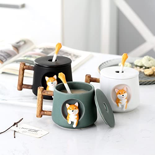 Kubki do kawy kreskówka ceramiczny kubek uroczy 3D Shiba Inu wzór z pokrywką łyżka dziewczyny ulubiony prezent napar mleko herbata para woda pitna kubek do kawy mleka kubek do kawy kubek do kawy mleka (kolor: C)