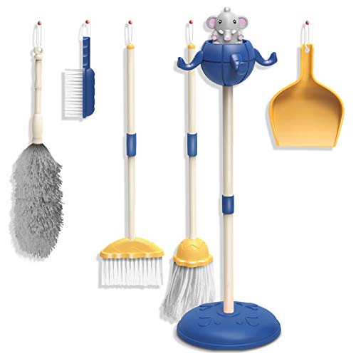 AOKESI Kids Cleaning Set Housekeeping Toy - 8 PCS Elephant Kid Size Cleaning Supplies Mop Broom and Dustpan Set Pretend Play Cleaning Kit for Toddler Kid (Blue)