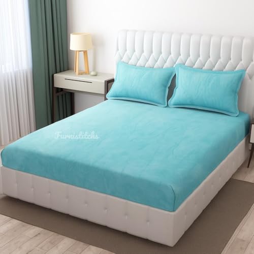 Image of Premium Velvet Solid Woollen Elastic Fitted Bedsheets for Double Bed King Size (Size 254 x 265 Cms), with 2 Pillow Covers Elastic, Covers (46 x 68 Cms) (Deep Aquatic Blue)