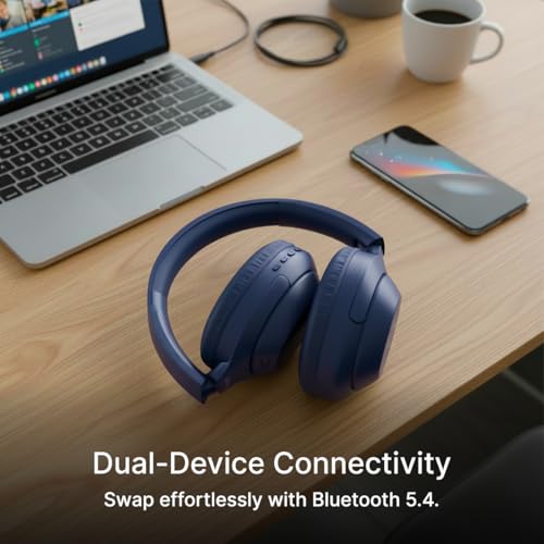Image of pTron Studio Classic w / 75Hrs Playtime, Wireless Over Ear Headphones w /HD Mic, Dual Device Pairing, TruTalk AI-ENC Calls, Low-Latency Game & Music, Deep Bass, BT5.4 & Type-C Charging (Blue)