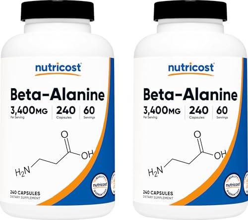 Image of Nutricost Beta-Alanine Capsules 3400mg, 240 Caps (2 Pack) - Potent Beta Alanine, Gluten Free & Non-GMO, 850mg Per Cap, 60 Serv Per Bottle | Potent Beta Alanine, Gluten Free & GMO-Free, 850mg Per Cap, 60 Serv Per Bottle