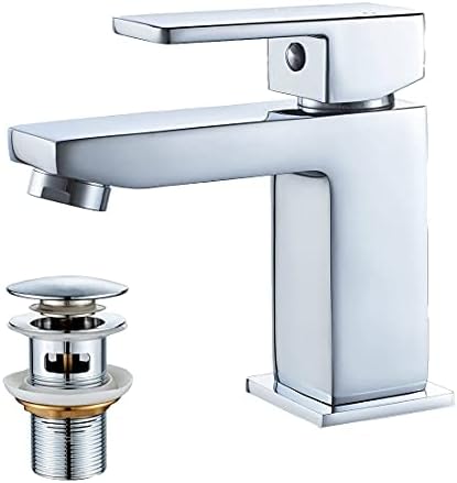 Luckyhome Basin Mixer Tap with Pop up Waste,Washroom Square Single Lever Chrome Brass Mixer Tap