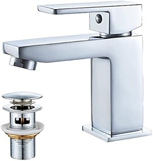 Luckyhome Basin Mixer Tap with Pop up Waste,Washroom Square Single Lever Chrome Brass Mixer Tap