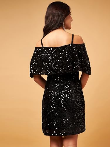 Image of DRAPE AND DAZZLE Women Shimmer Velvet Bodycon Dress with Shoulder Straps | Mini Dress | Western Dress for Women | DD-106