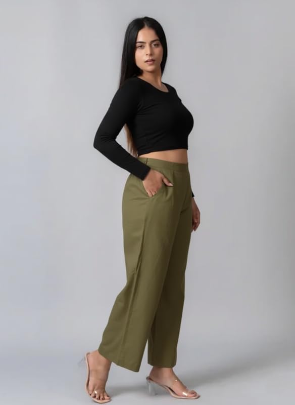 Image of Moirai Pure Cotton Wide Leg Women Trouser Stylish Mid Rise Relaxed Straight Fit Loose Pants Casual Travel Office Formal Wear