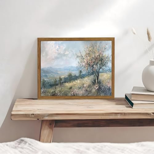 Image of Cottage Core Wall Art Vintage Cottagecore Wall Decor Pictures Blue Nature Country Landscape Poster Painting Canvas Print for Bedroom Living Room Farmhouse 16x12 inch Wood Framed
