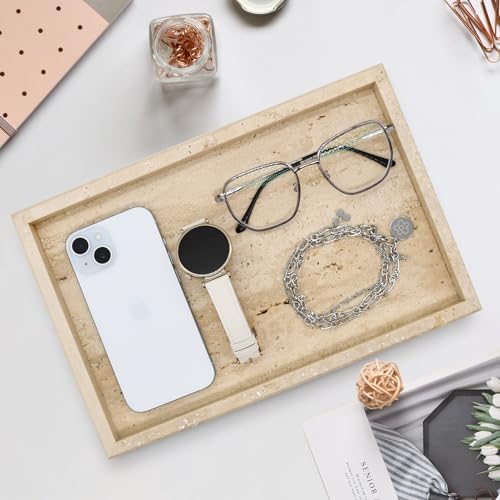 Image of Real Natural Travertine Tray for Bathroom, Vanity, Kitchen and Desktop, Rectangle Genuine Travertine Stone Tray for Jewelry, Cosmetics, Candles, Lotion, Perfume and Home Decor