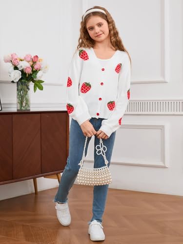 MakeMeChic Girl's Strawberry Print V Neck Button Down Cardigan Sweater Long Sleeve Cute Tops4