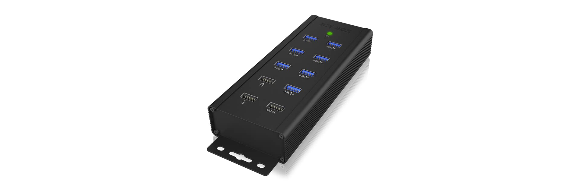 ICY BOX IB-HUB1703-QC3 - Concentrador de 7 Puertos USB 3.0 Activo con Fuente de alimentación (12 V/5 A), 3 Puertos de Carga, Montaje en Pared, Quick Charge 3.0, Aluminio, IB-HUB1703-QC3