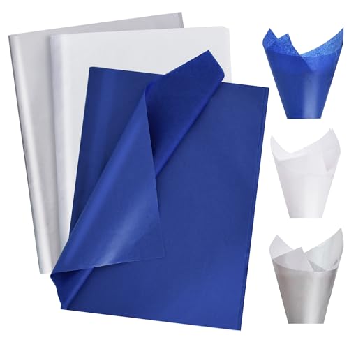 Image of BEISHIDA 90 Sheets Blue White Silver Tissue Paper Bulk, Wrapping Tissue Paper for Gift Bags, 14 x 20 Inch Gift Wrap for Birthday Graduation Wedding DIY Crafts Decor Holiday Flowers
