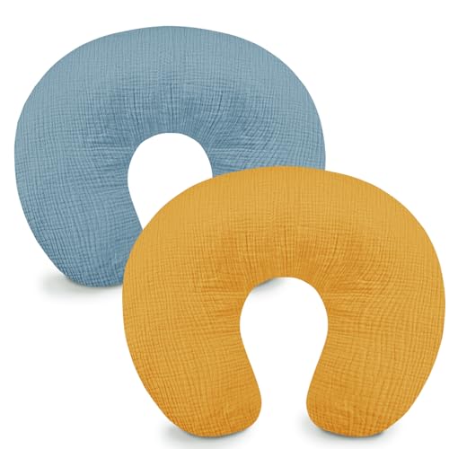 Image of Hooyax Muslin Nursing Pillow Covers 2 Pack, Soft and Breathable Nursing Covers for Breastfeeding Pillows, Adorable Infant Feeding Pillow Slipcover for Baby Boy and Girls (Blue Ginger)