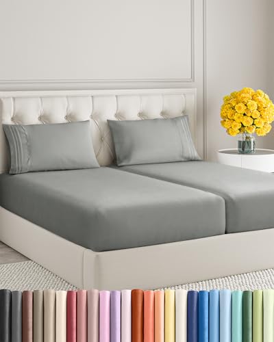 Image of Split King Size 5 Piece Sheet Set - Soft & Cooling Bed Sheets - Slate Grey | Fits 8 Inch to 16 inch Mattress, Wrinkle Free & Fade Resistant with Deep Pockets, Breathable, Comfy Hotel Luxury Bedding