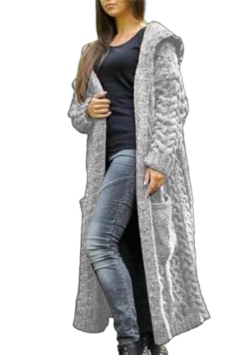 Long Cardigan with Hood for Women Chunky Cable Knit Duster Sweater Coat Fall Winter Long Hooded Sweater Cardigan