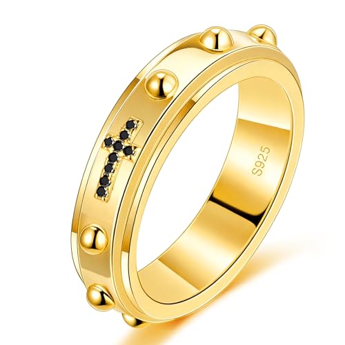 LYTTMAB S925 Sterling Silver Rosary Ring For Women 14K Gold Finger Catholic Pocket Rosary Ring For Lady Black Zircon Cross Spinner Ring For Women Ring Size 9