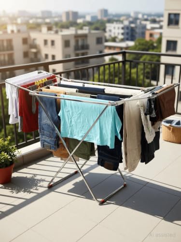Image of H Houseware Stainless Steel Foldable Clothes Drying Stand (162 x 47 x 83 cm) | Heavy Duty Rust Resistant Laundry Drying Rack | Portable Indoor Outdoor Cloth Drying Stand(Butterfly)