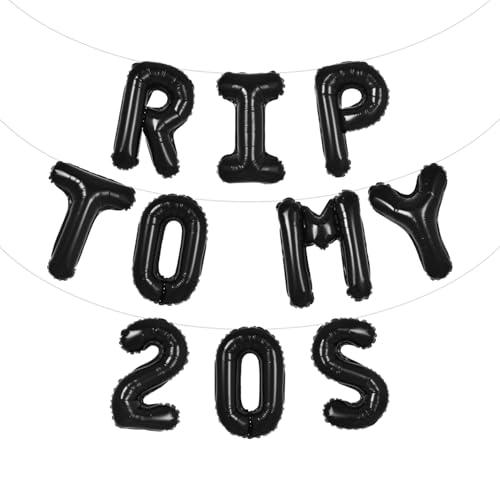 Black Rip to My 20s Birthday Decorations 16 inch Letter Balloons Large Rip to My 20s Banner for 30th Birthday Party Decorations for Men Women Him Her Rip 20s Birthday