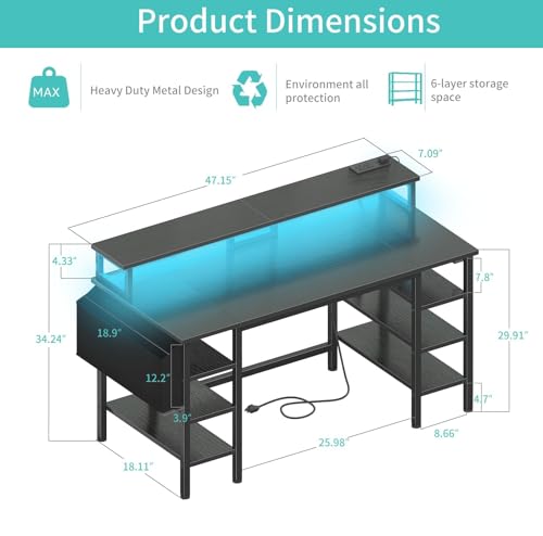 Image of Lufeiya Gaming Desk with LED Lights and Storage Shelves, 47 inch Computer Desk with Power Outlets, Home Office Desk with Monitor Stand, Writing Table PC Desks, Black